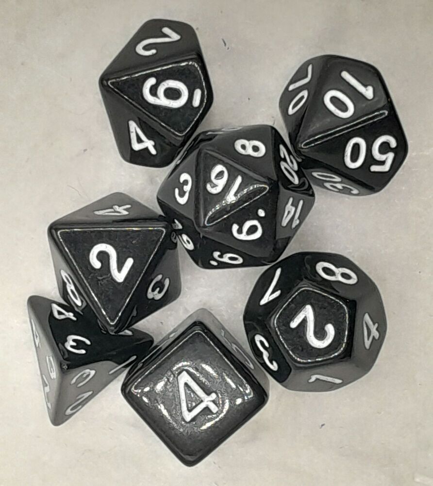 Dungeons and Dragons gaming plastic dice set white on black