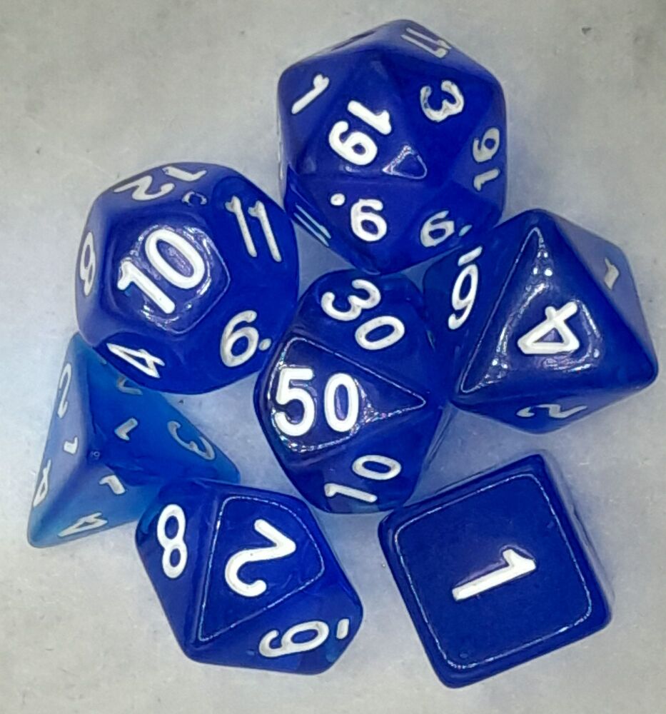 Dungeons and Dragons gaming plastic dice set white on blue