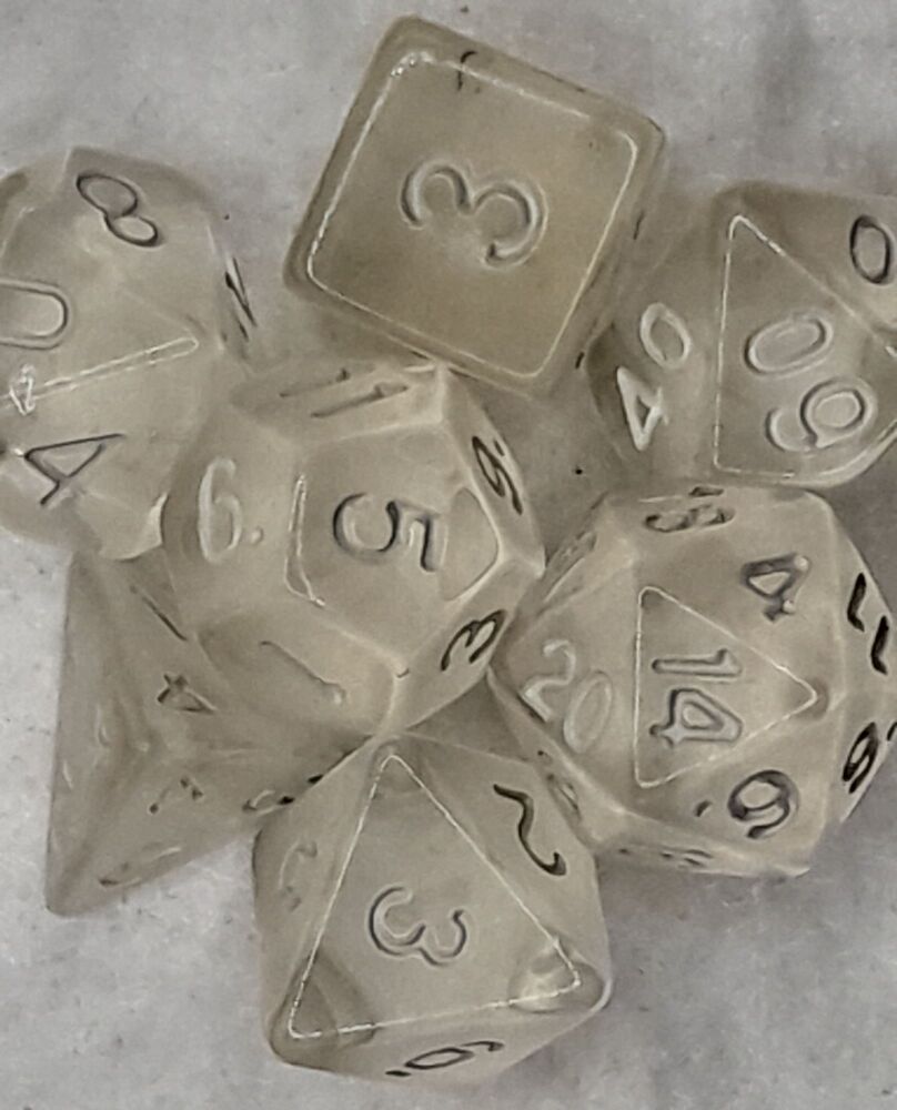 Dungeons and Dragons gaming plastic dice set white on clear