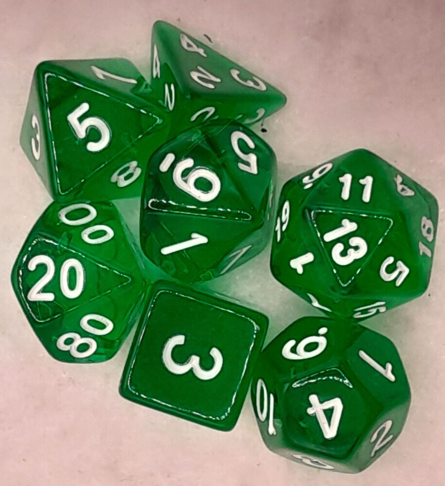 Dungeons and Dragons gaming plastic dice set white on green
