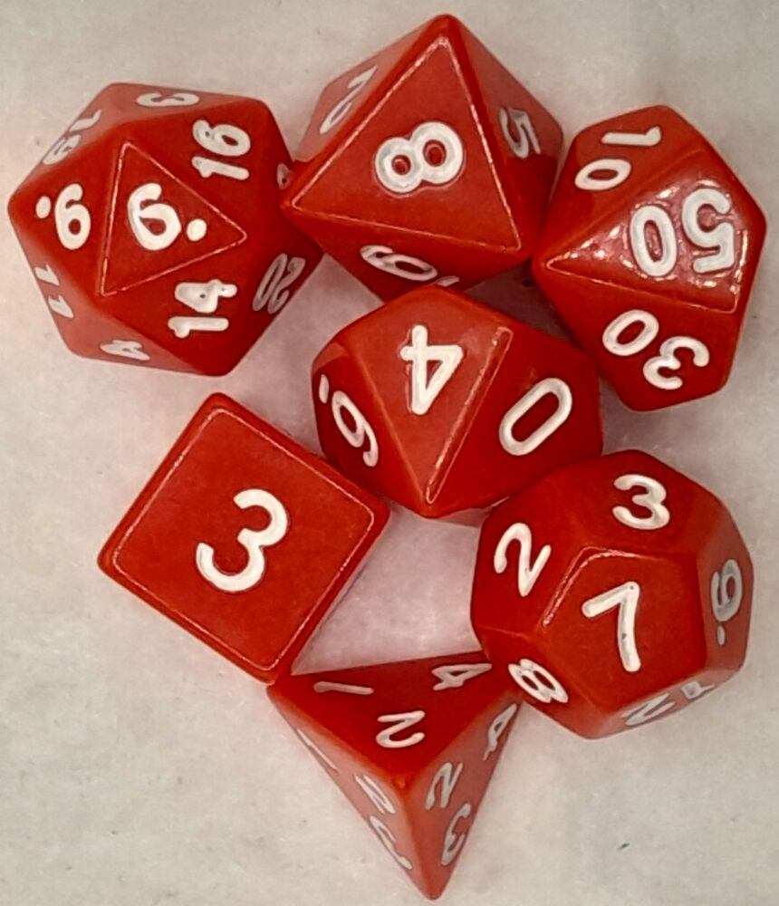 Dungeons and Dragons gaming plastic dice set white on red