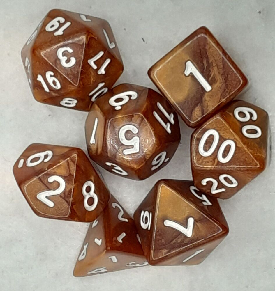 Dungeons and Dragons gaming plastic dice set white on brown