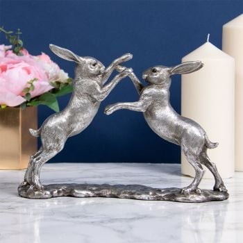 Large Metalic Plated Silver Colour Hares' Boxing