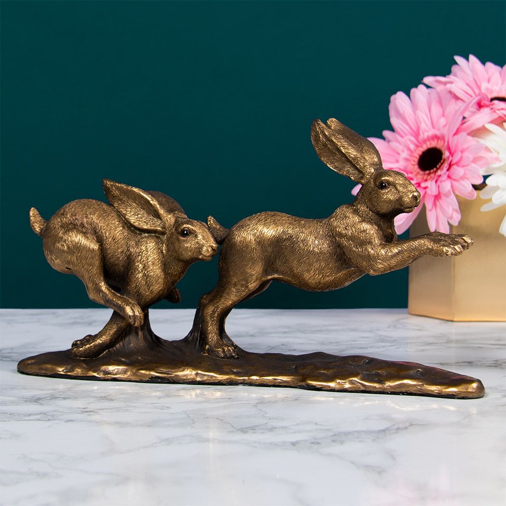 Large Cold Cast Bronze Plated Running Hares'