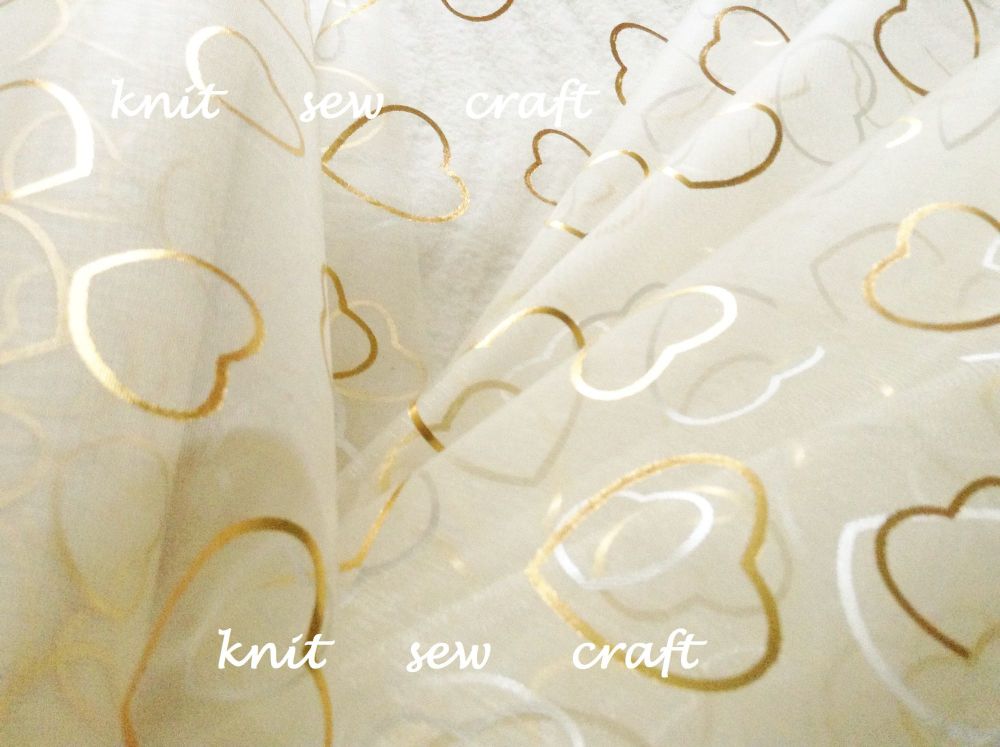 Hearts Pattern Organza Ivory Gold Snow Sheer Half Metre Length