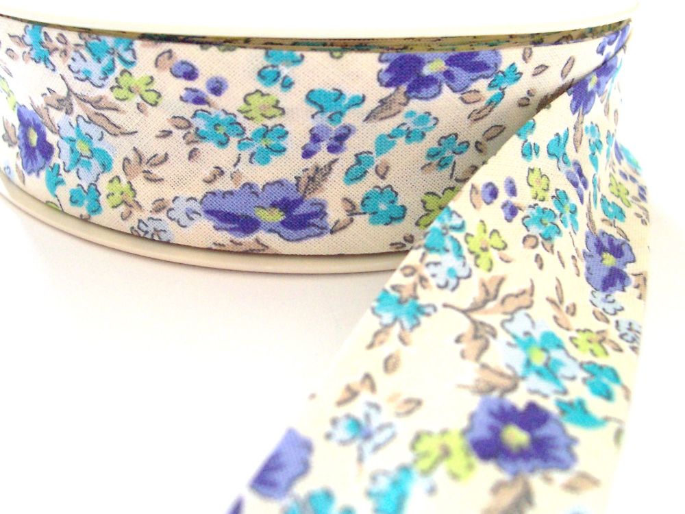 Ivory Bias Binding With Blue Lilac Green Flower Pattern