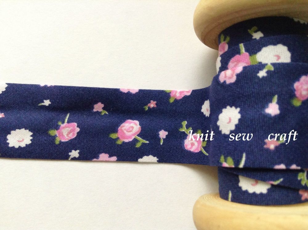 Navy Blue Flower Patterned Bias - Pink White Flowers 2322
