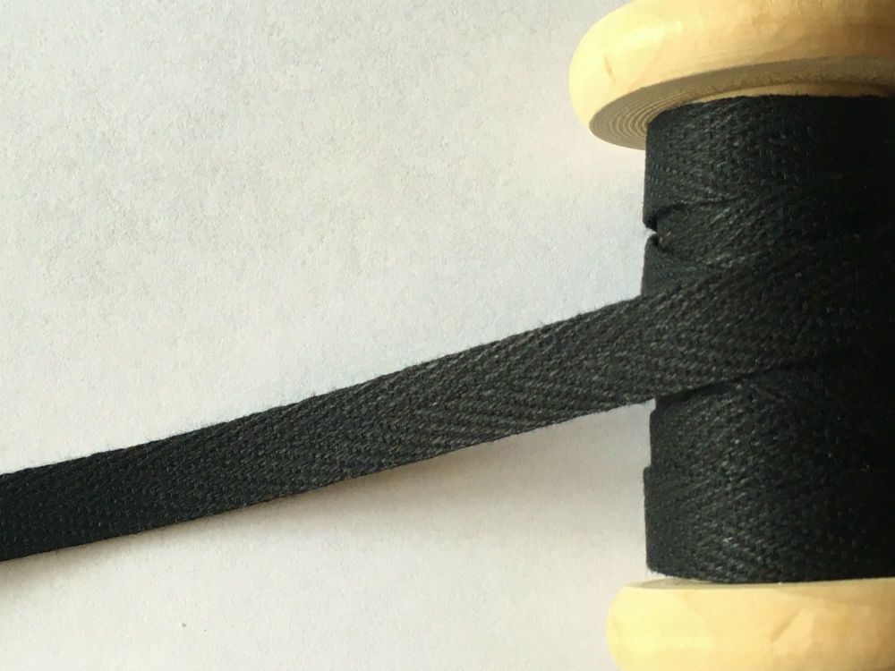 15mm Wide Black Cotton Herringbone Tape Per Metre