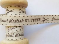 Berisfords Great British Stitcher Printed Ribbon Grey Cream Motif 15mm