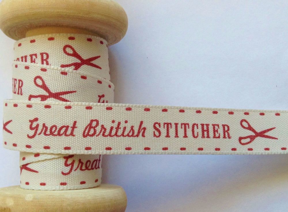 Berisfords Great British Stitcher Printed Ribbon Red Cream Motif 15mm