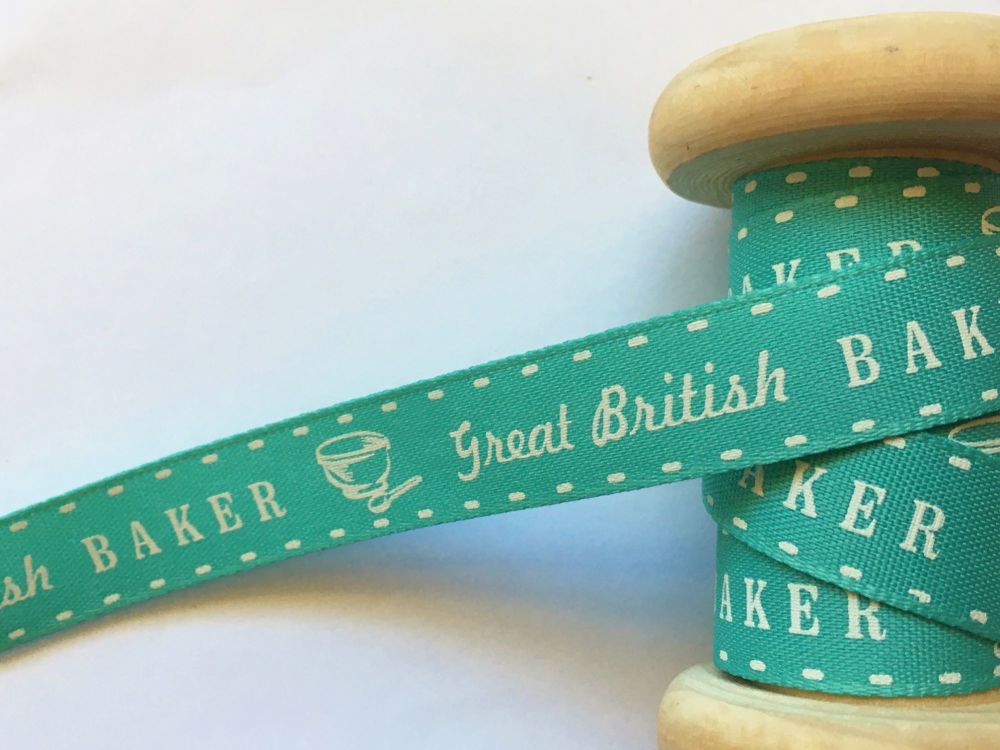 Berisfords Great British Baker Printed Ribbon Mint White Motifs 15mm