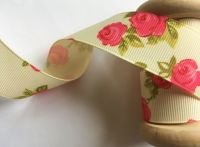 Rose Patterned Grosgrain Ribbon Ivory Cream Berties Bows 25mm 1m Trim
