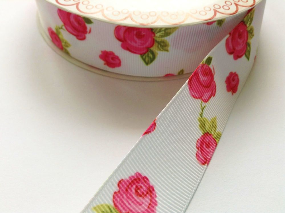 25mm Wide White Rose Print Grosgrain Ribbon - Bertie's Bows
