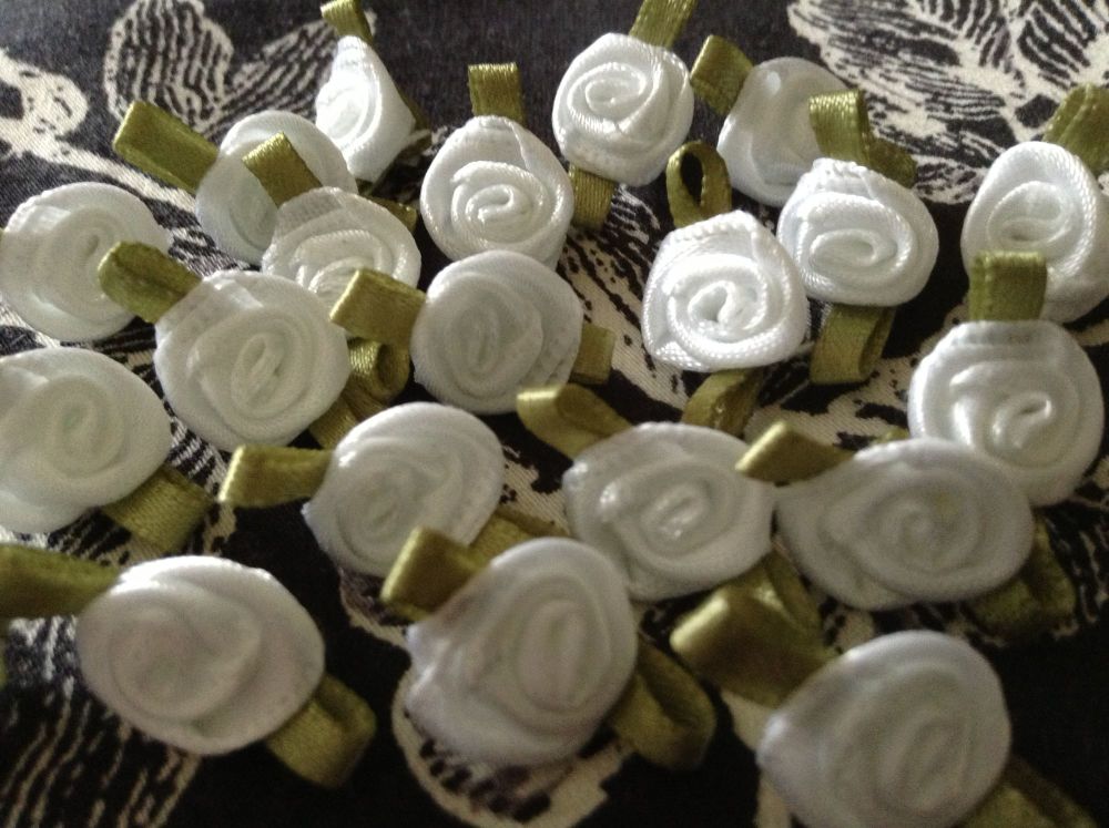White Satin Small Ribbon Roses With Green Leaf