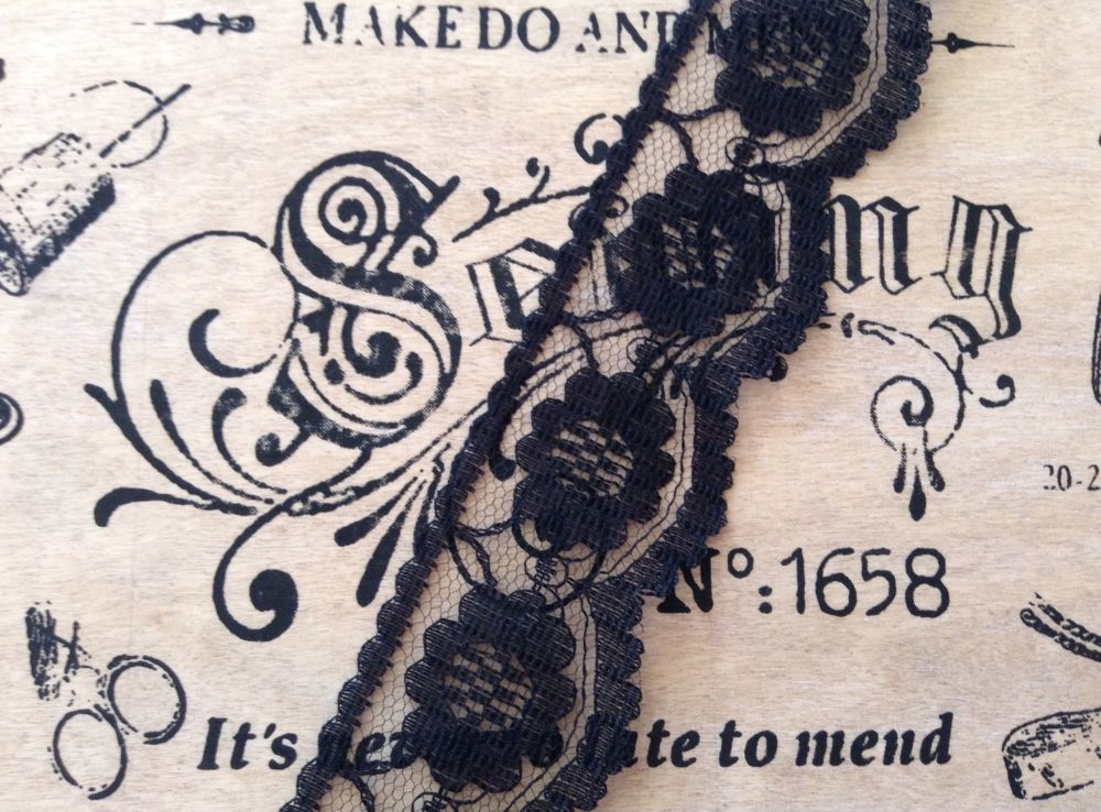 Black Lace 25mm Wide Flower Patterned Trimming - Dovecraft