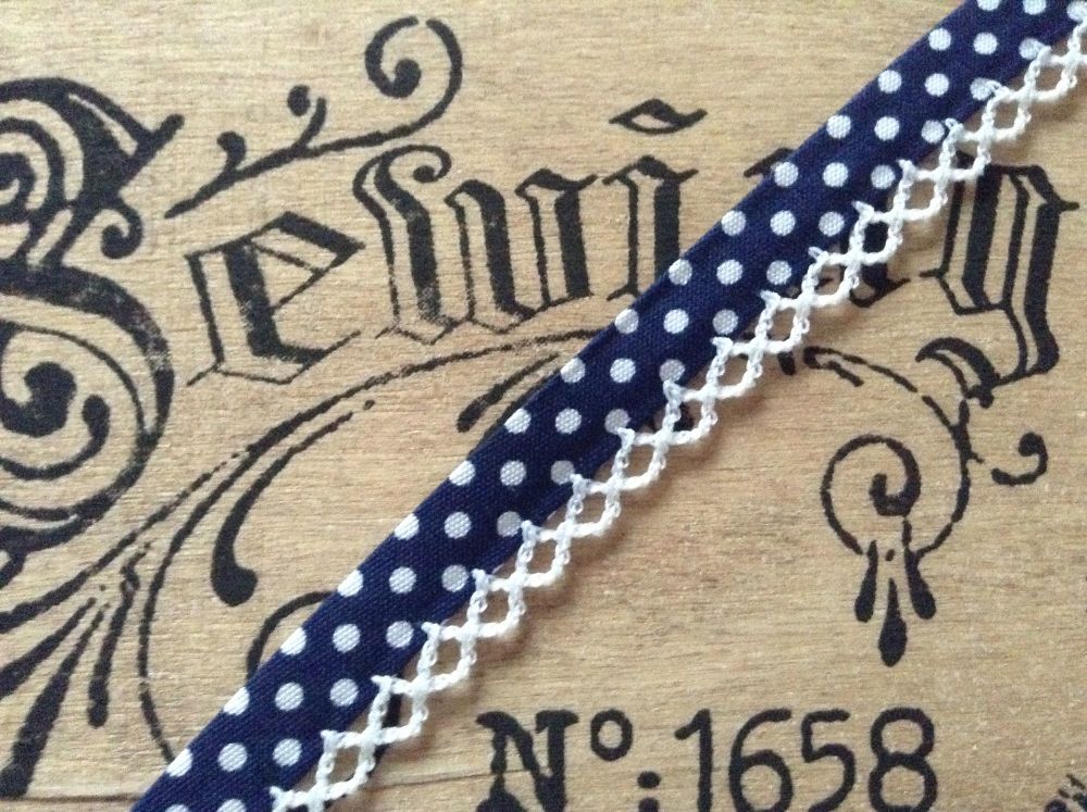 Polka Dots Fabric With Picot Lace Trim - Navy Blue/White