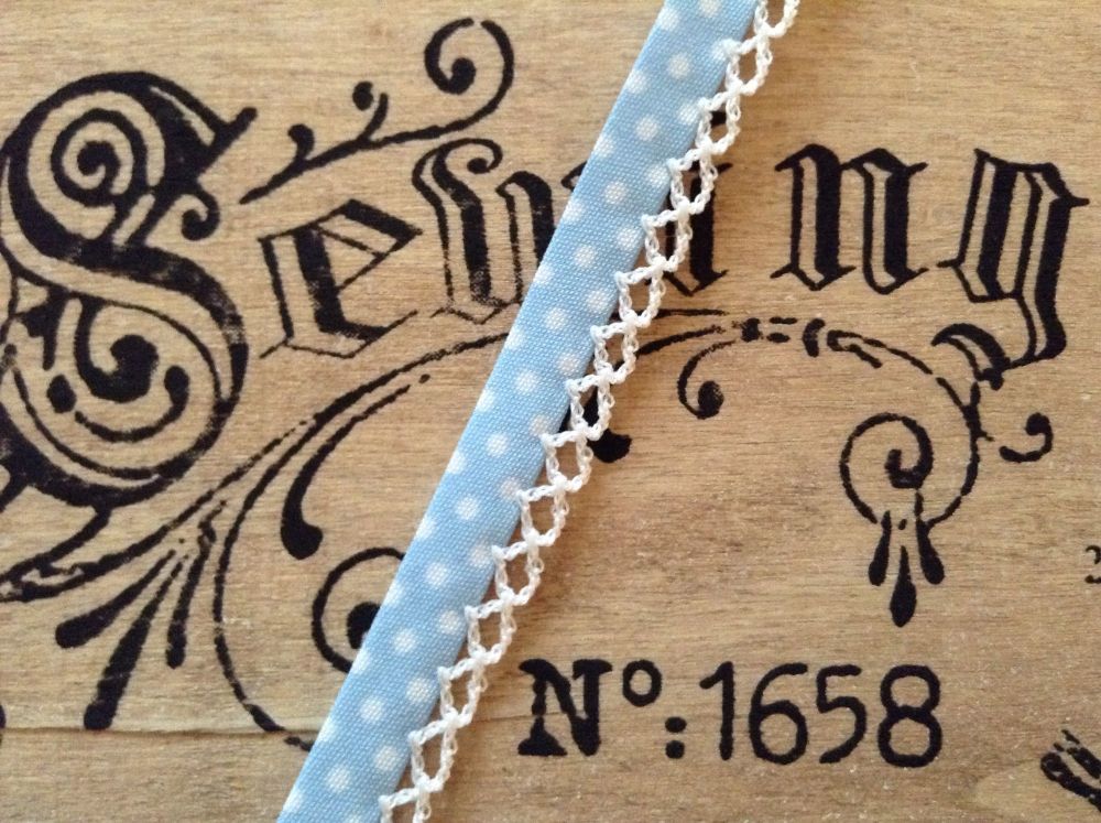 light blue lace edge polka dot pattern bias binding