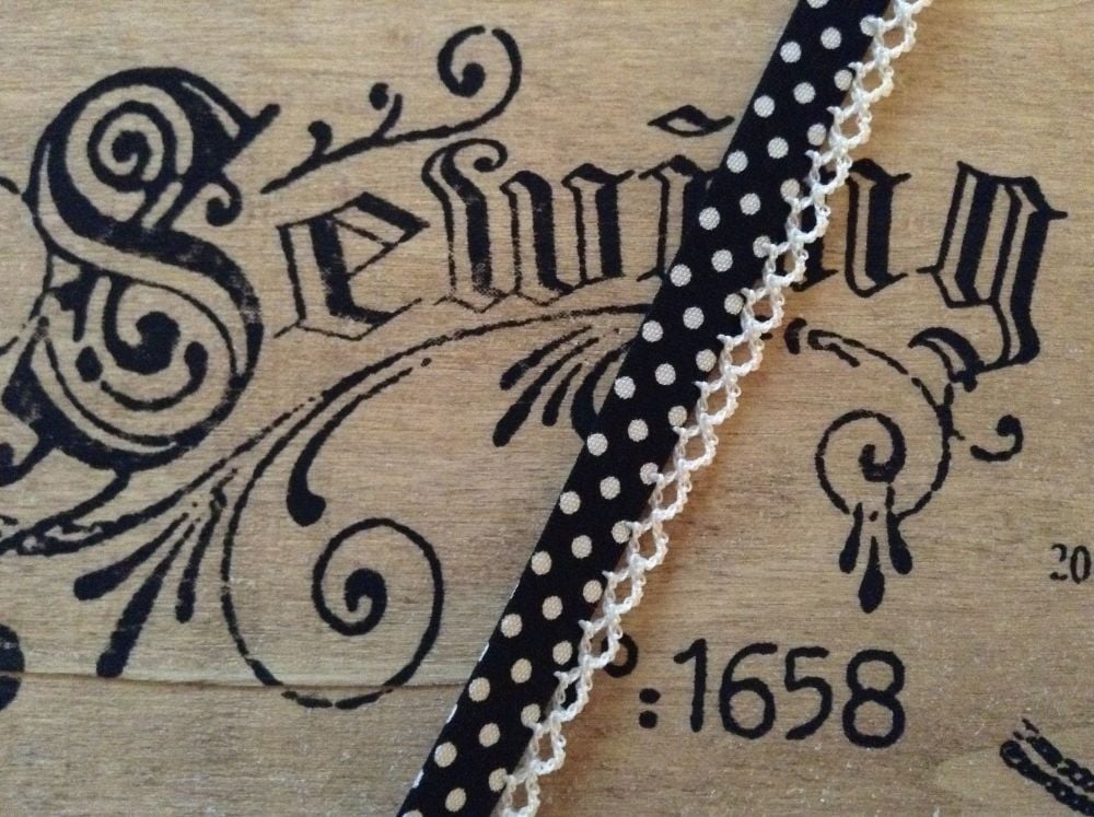 black polka dots bias binding fabric with white lace trim