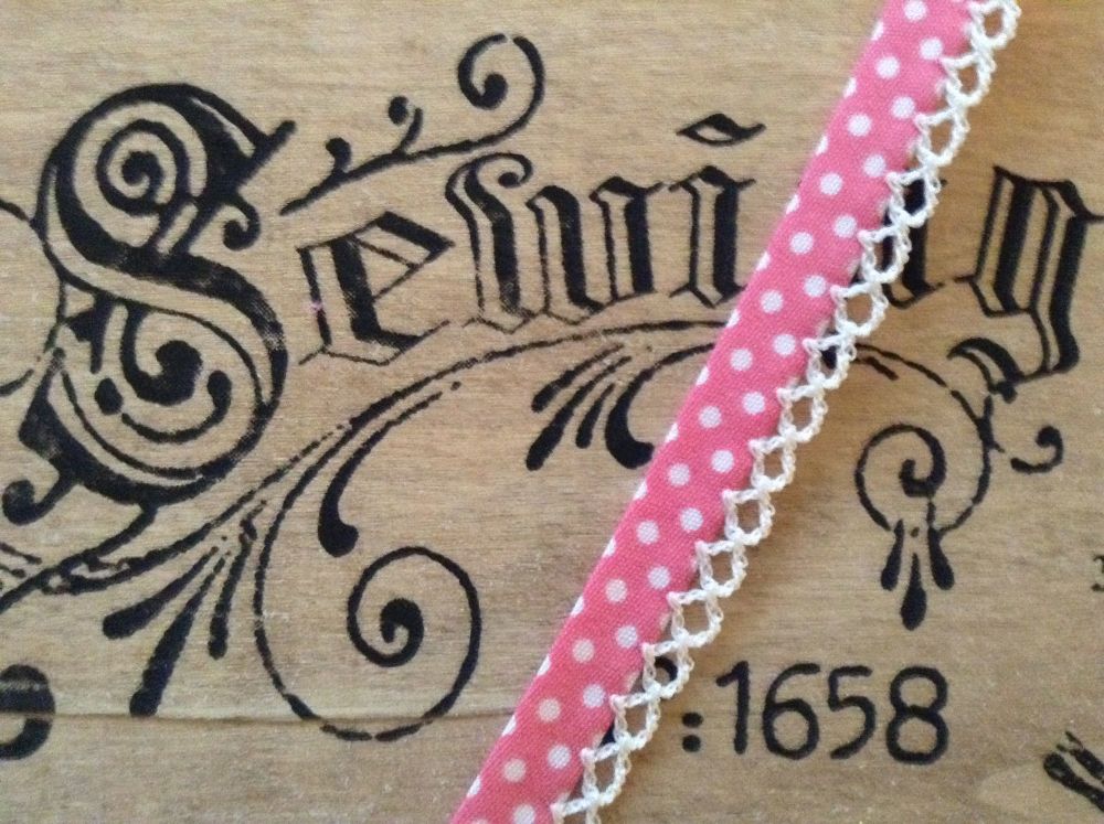 pink polka dots lace trimmed bias binding