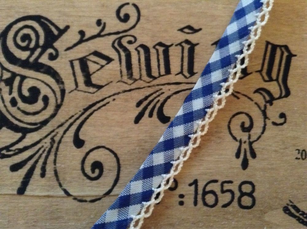 Royal Blue Gingham Bias Fabric With White Lace Trim