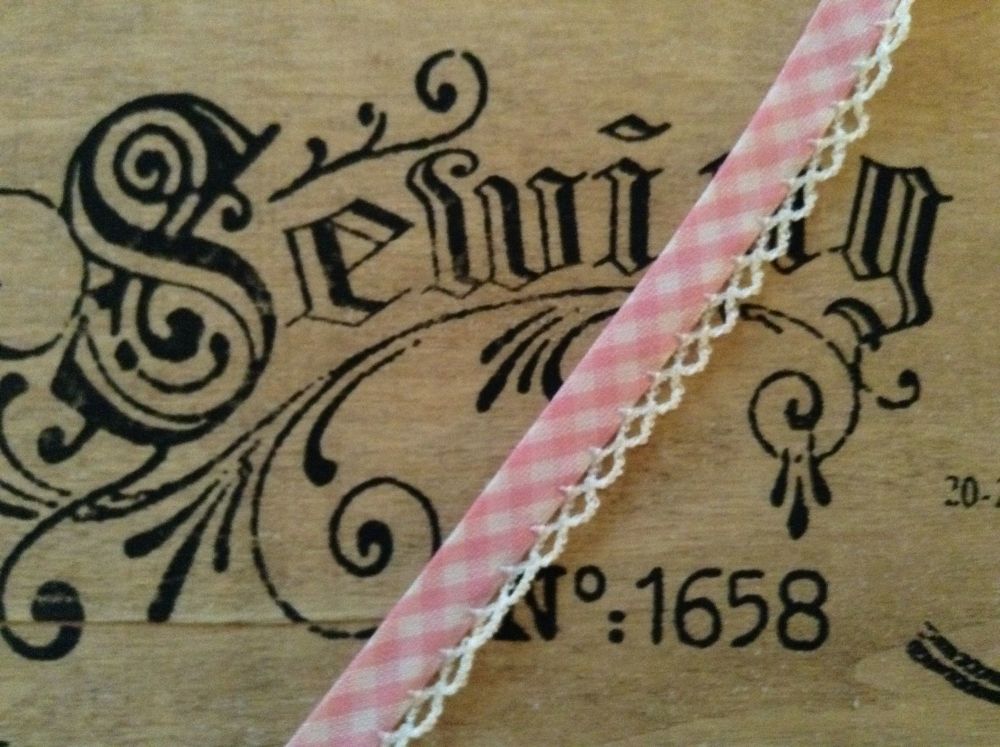 Pink Gingham Sewing Tape Trimmed With White Lace