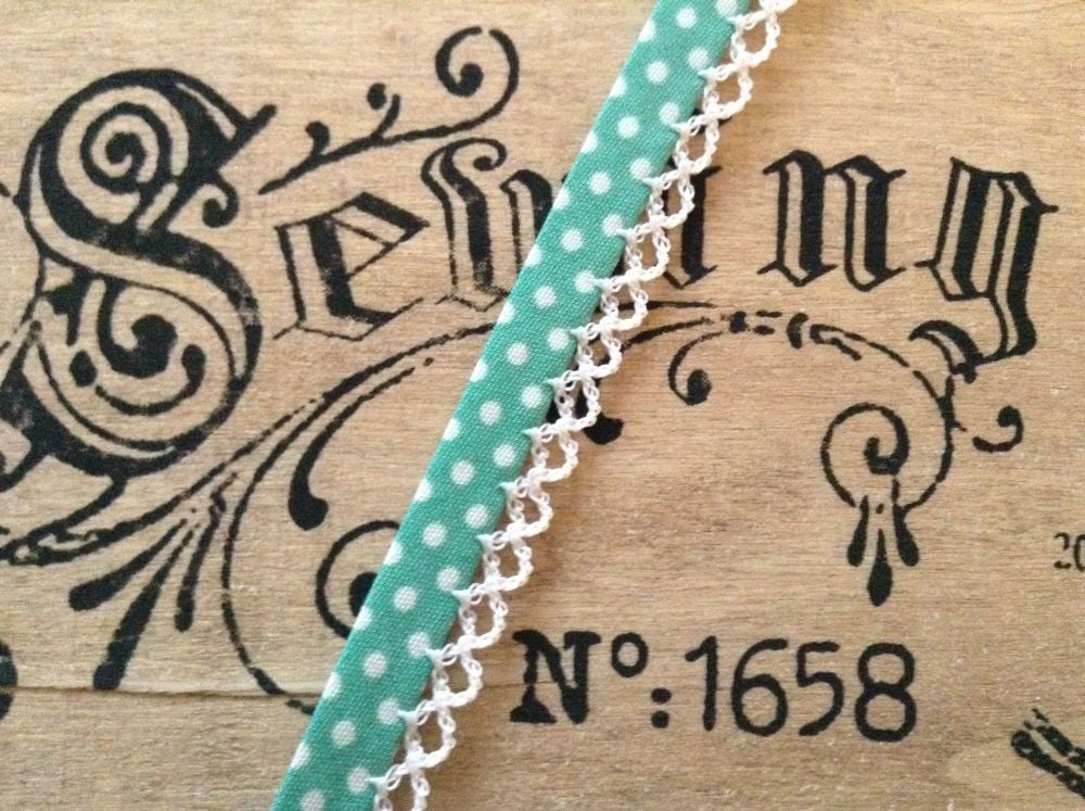 lace trimmed bias binding mint green polka dots 71486-067