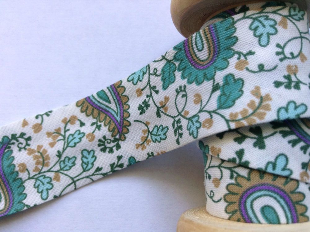 green paisley pattern cotton bias binding tape 25mm x 3 metres