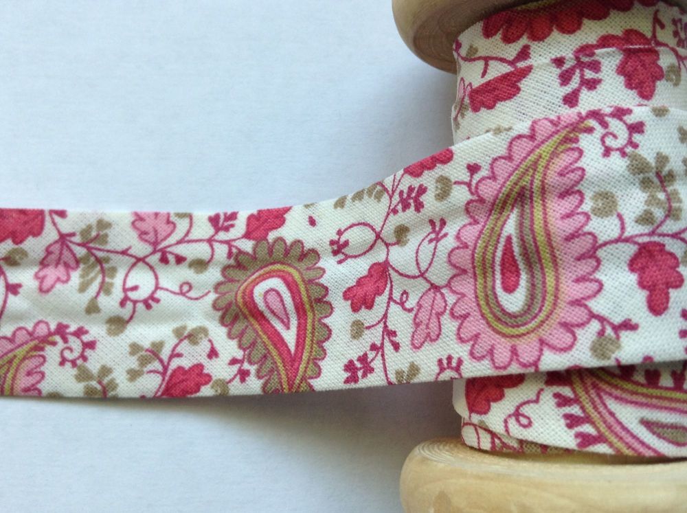 pink paisley pattern cotton bias binding tape 25mm x 3 metres