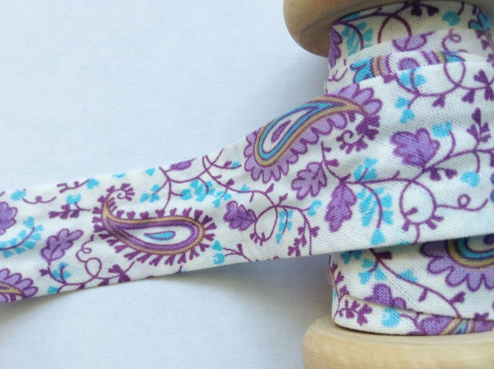 paisley pattern bias tape purple blue beige botanical leaf teardrop 1”