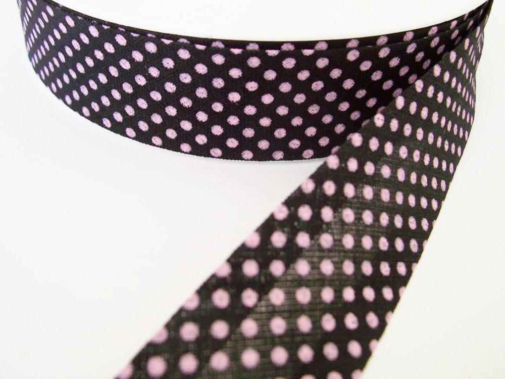 pink polka dots bias binding - baby pink/black 4796