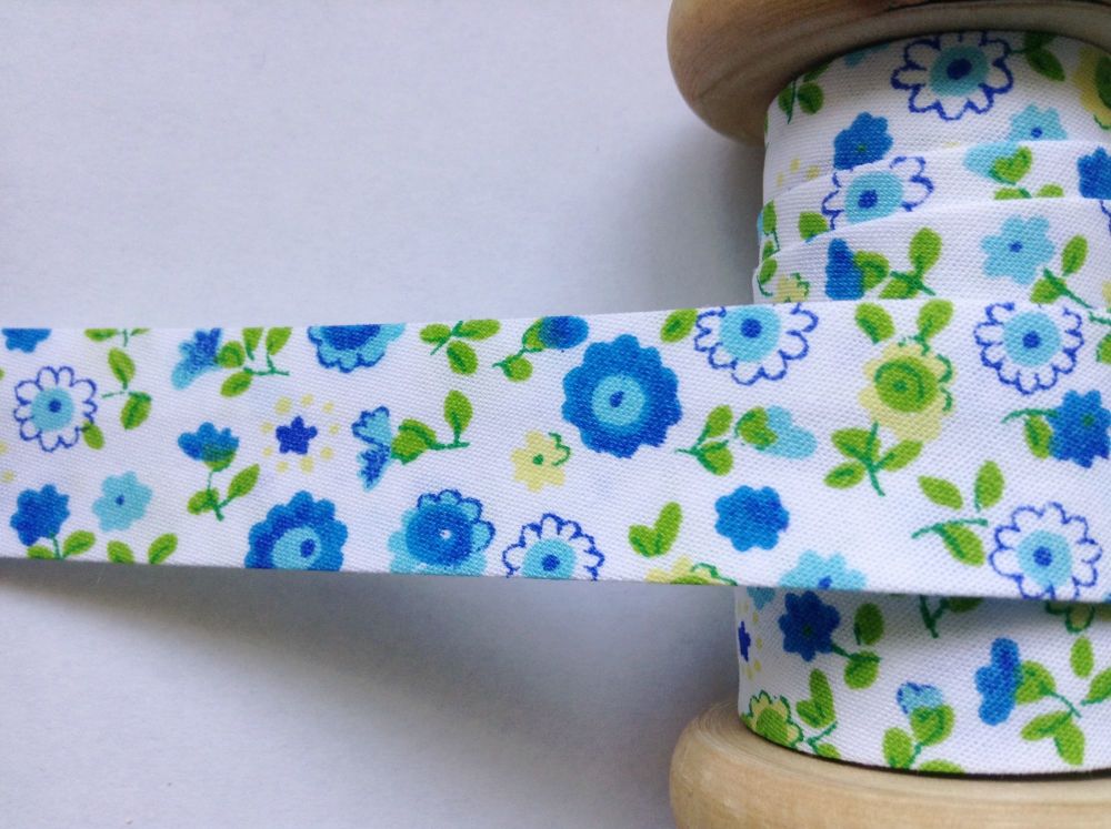patterned fabric tape with turquoise blue and yellow flowers 7600-026