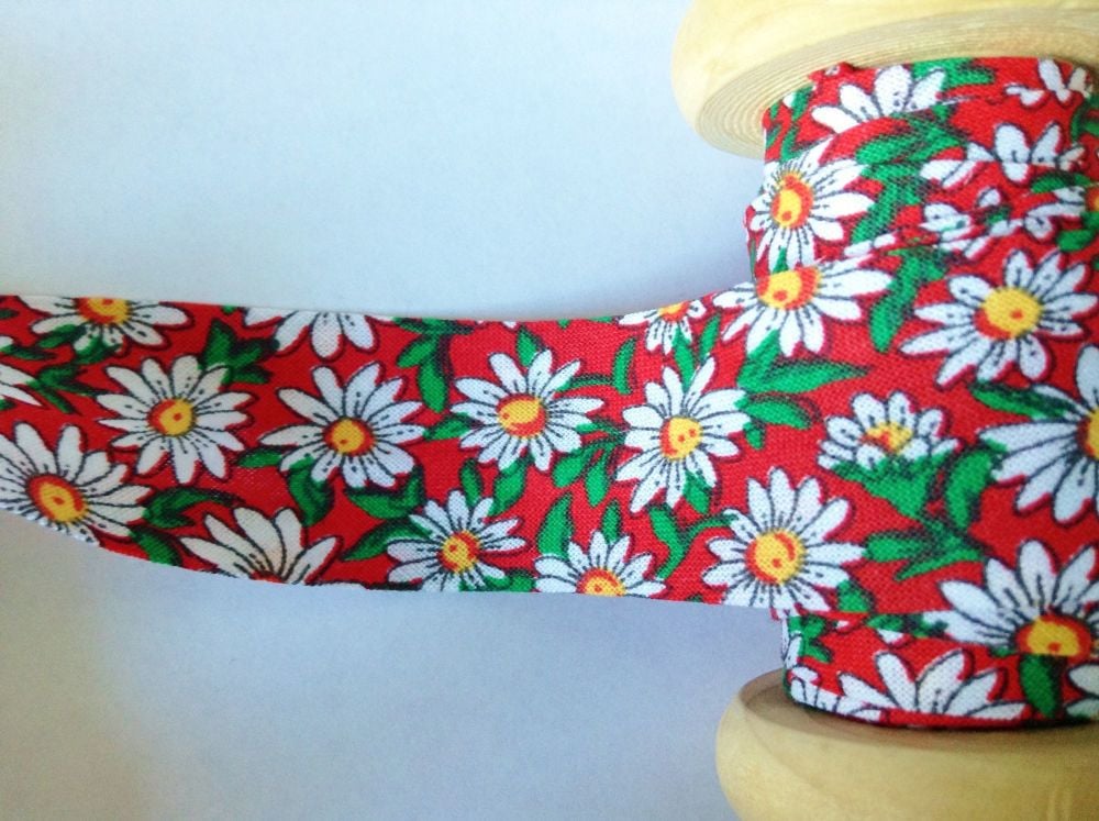 flower pattern bias binding 25mm red white daisy floral cotton 2329
