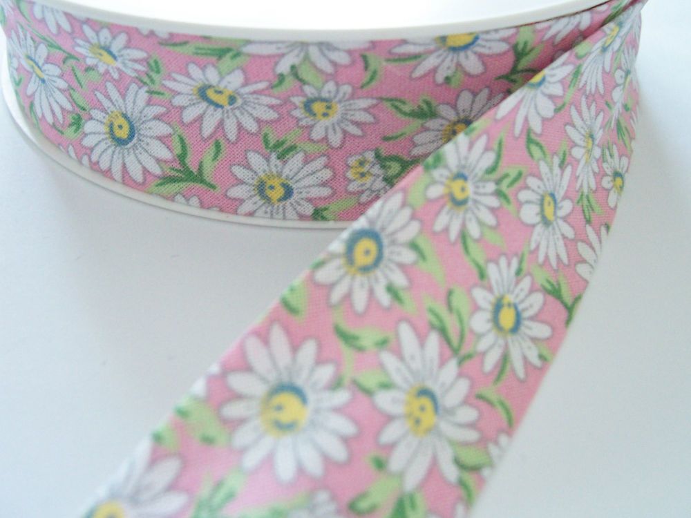 Pink Cotton Fabric Tape With White Daisy Flowers - By The Reel