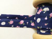 navy blue cotton bias with white and pink flowers 883-2322