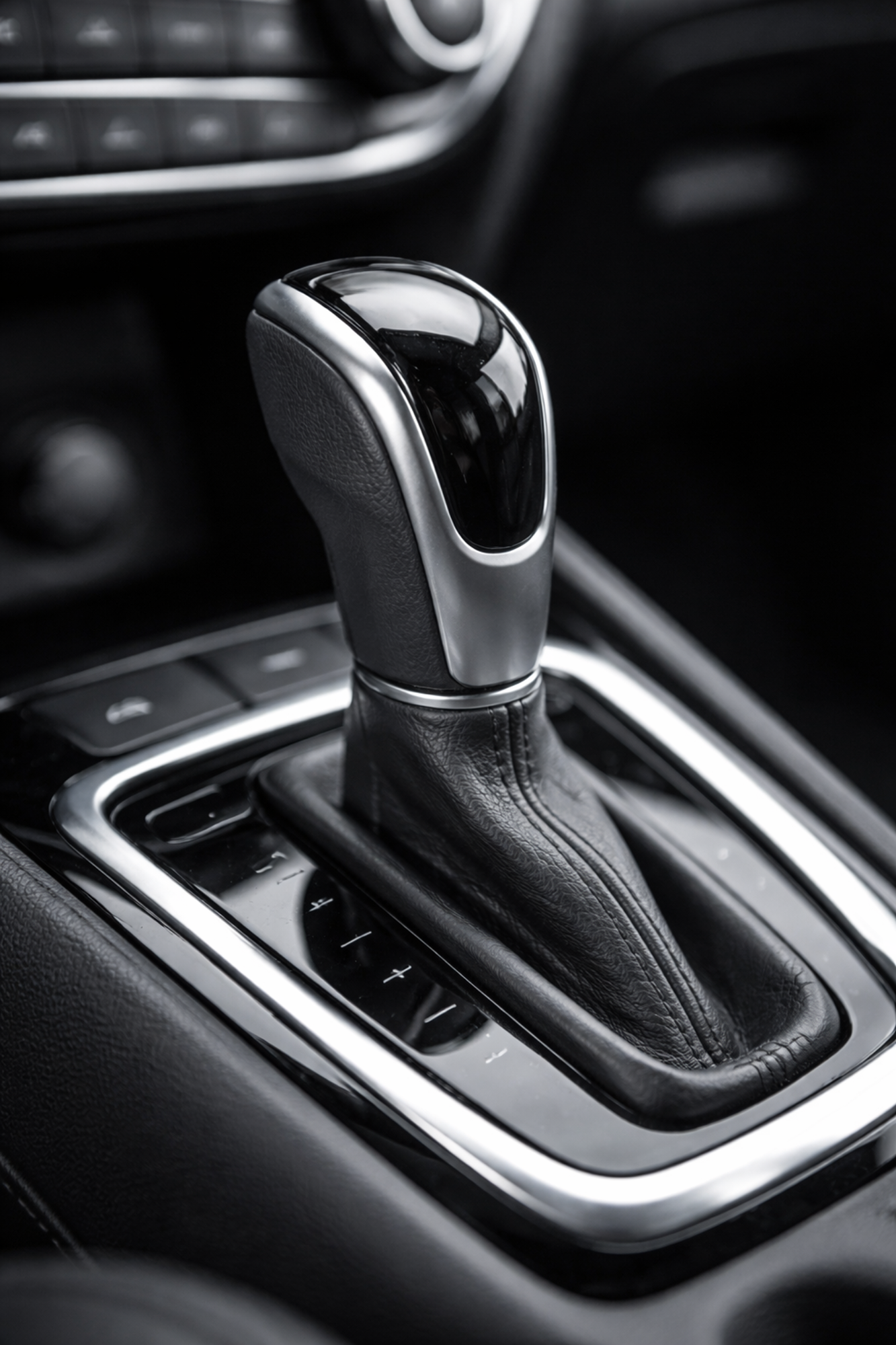 Automatic car gear stick in modern vehicle interior with leather trim and chrome detailing.