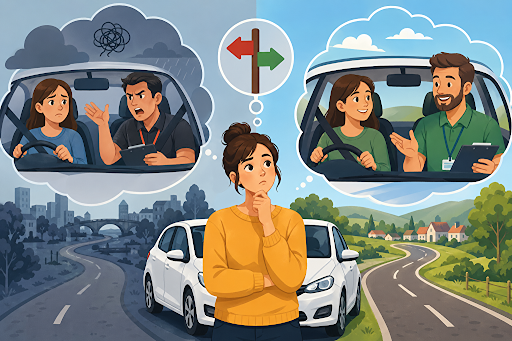 Learner driver comparing positive and negative driving instructor experiences