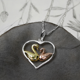Silver Heart pendant with Kissing Swans