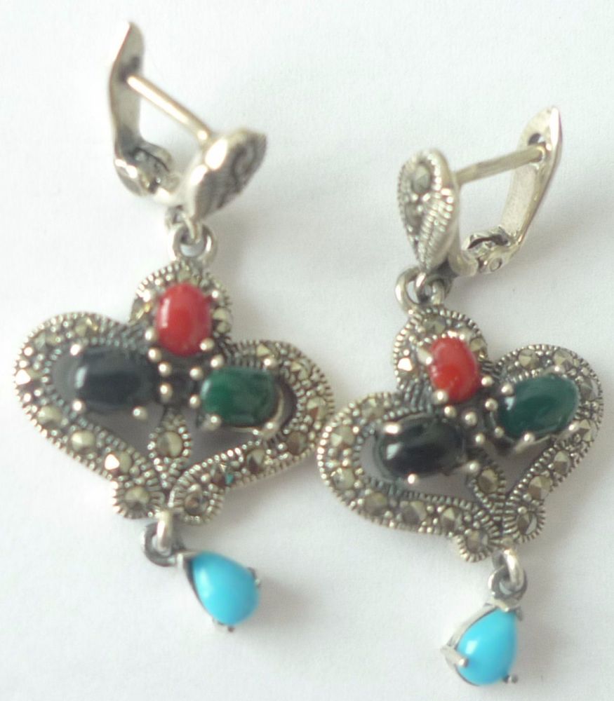 Silver  earrings Hearts - Multi stone Turquoise & Agate