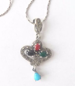 Silver  Necklace Hearts - Multi stone Turquoise & Agate