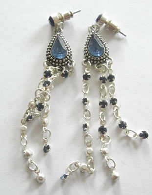 Blue & Silver Glass Dangle Stud Earrings