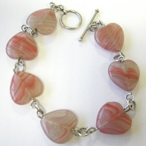 Heart  Silver Bracelet Red pink Beads