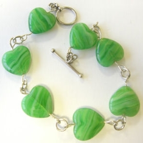 Heart  Silver Bracelet Green Beads
