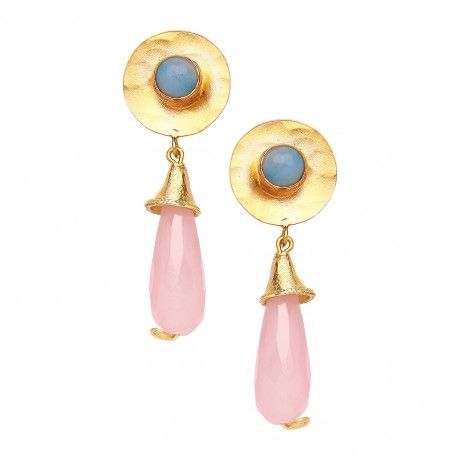 Hammered disc earrings Rose and blue chalcedony