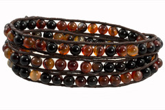 Leather Wrap Bracelet with Gemstone -  FIERY BLACK & BROWN (01)