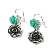 Silver Flower Earrings  Turquoise & Crystal  Beads
