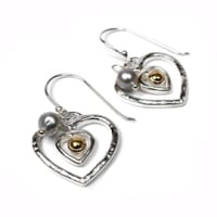 Silver Heart Earrings  with Gold &  Pearls - POM