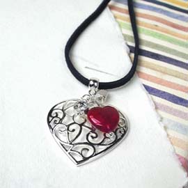 Silver Heart Necklace with pink heart & crystal