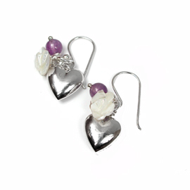 Sterling silver heart earrings Amethyst bead & mother of pearl 