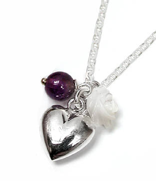 Sterling silver heart Necklace Amethyst bead & mother of pearl 