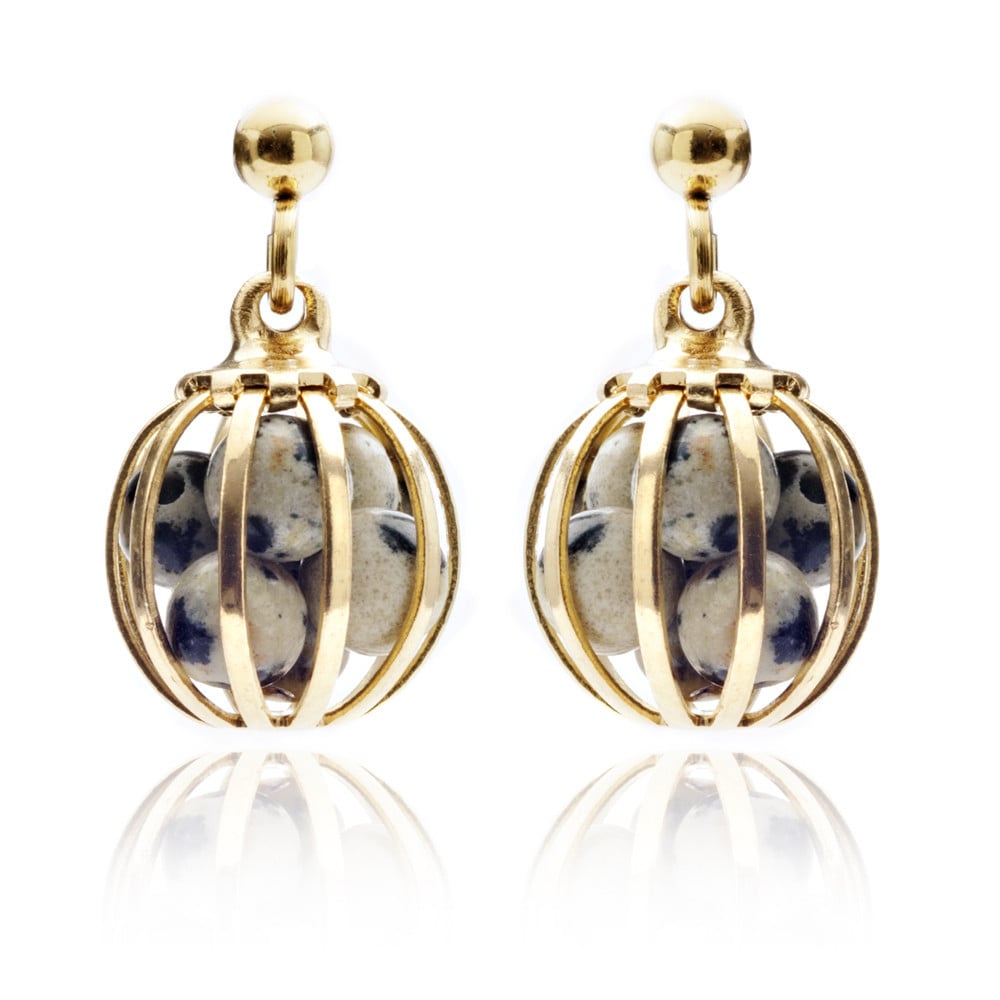 Gemstone Cage earrings Gold Plated with Dalmation Jasper (Cream&Black)